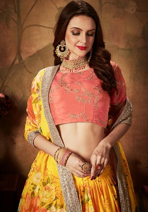 Yellow Embroidered Organza Lehenga Set