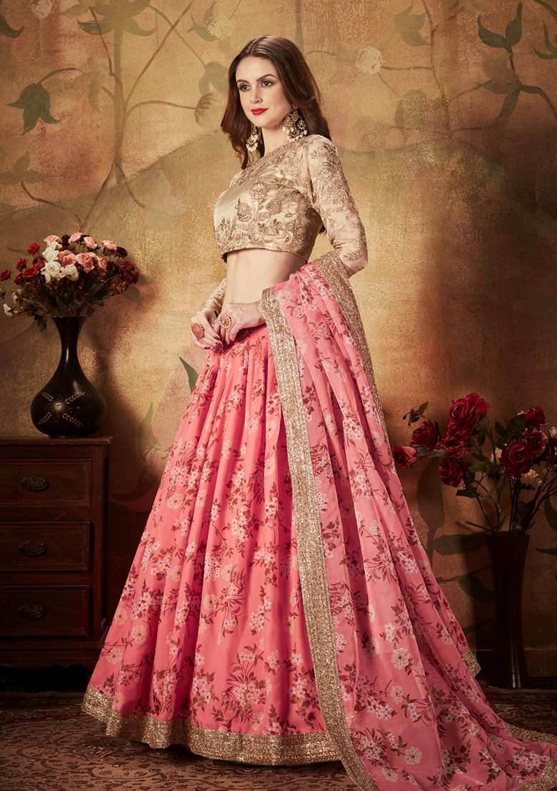 Pink Embroidered Organza Lehenga Set for Diwali and Festive Wear - Indya