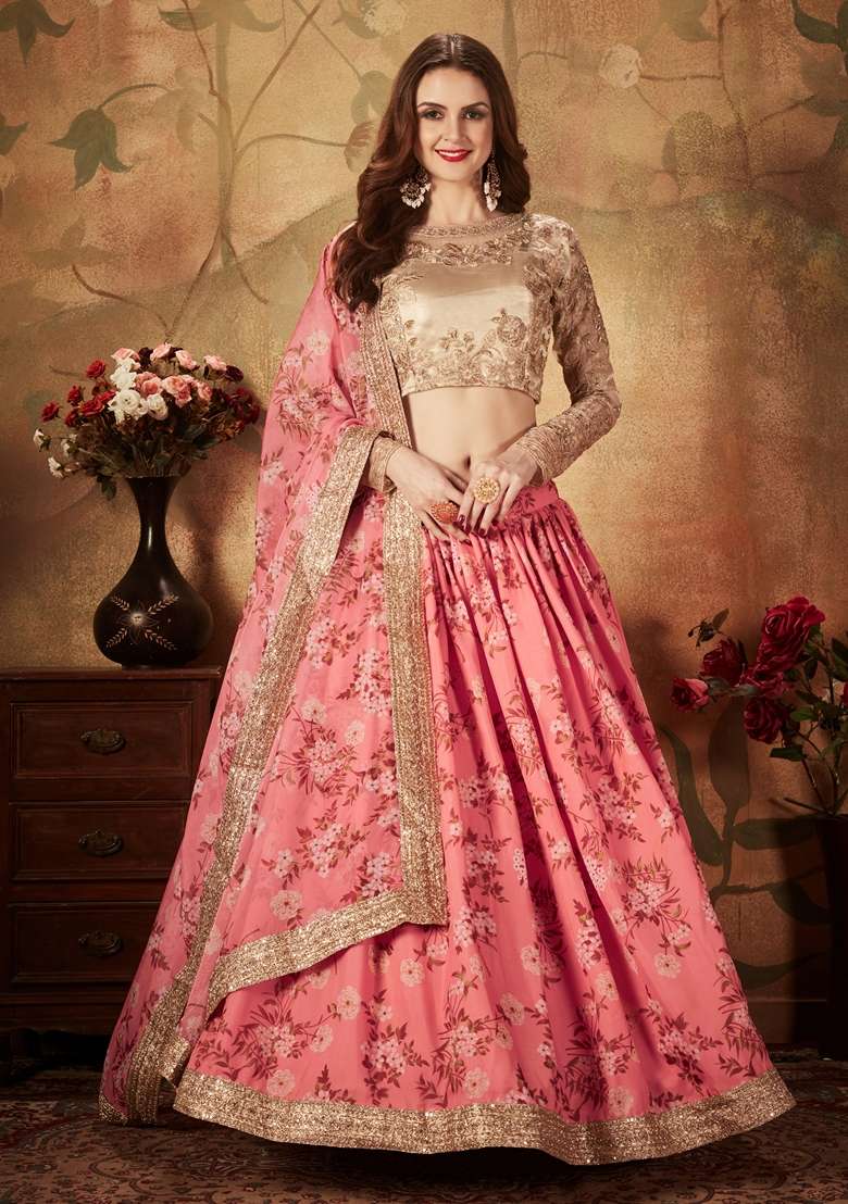 Pink Embroidered Organza Lehenga Set for Diwali and Festive Wear - Indya