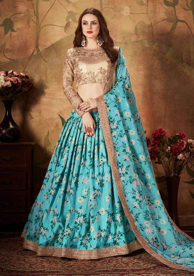Sky Blue Organza Lehenga Set with Embroidered for Diwali | Wedding & Festive Wear - Indya