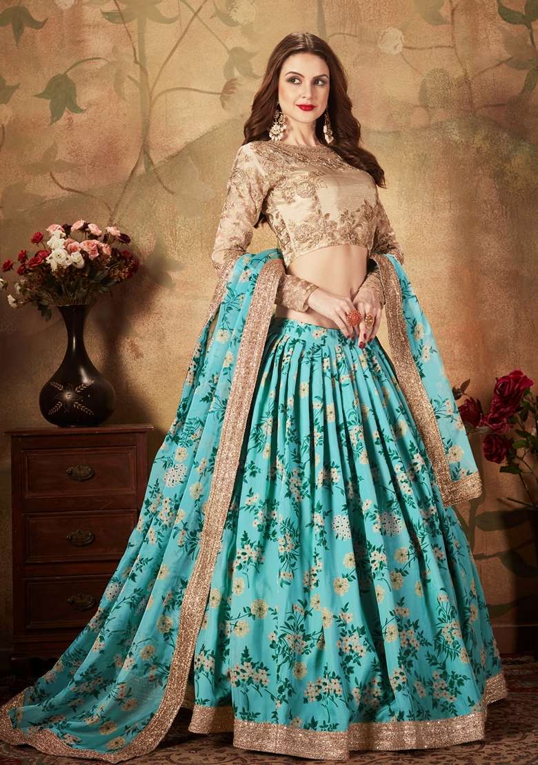 Sky Blue Organza Lehenga Set with Embroidered for Diwali | Wedding & Festive Wear - Indya