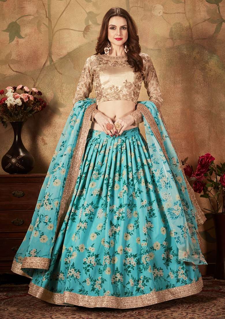 Sky Blue Organza Lehenga Set with Embroidered for Diwali | Wedding & Festive Wear - Indya