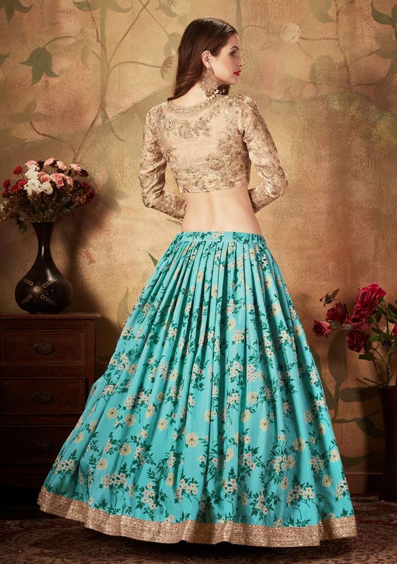 Sky Blue Organza Lehenga Set with Embroidered for Diwali | Wedding & Festive Wear - Indya