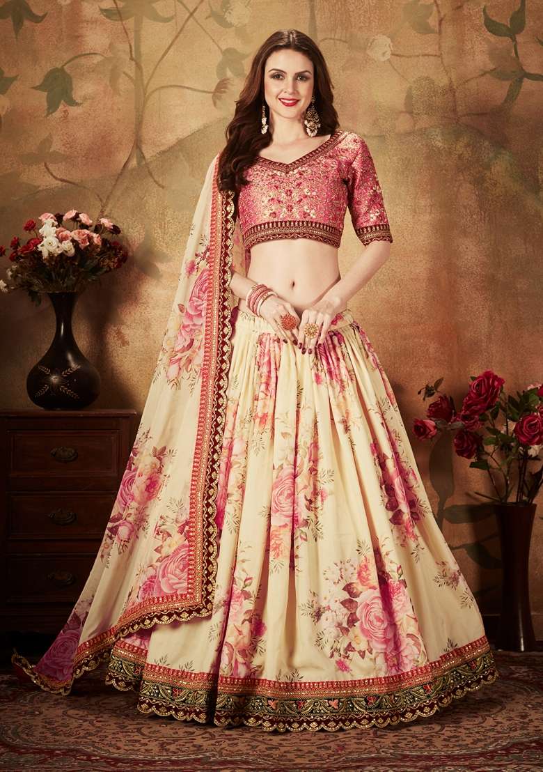 Beige Organza Lehenga Set with Embroidered for Diwali | Wedding & Festive Wear - Indya