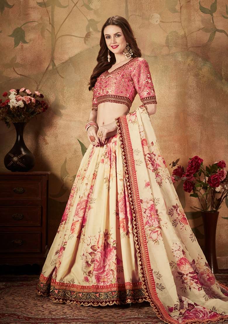 Beige Organza Lehenga Set with Embroidered for Diwali | Wedding & Festive Wear - Indya