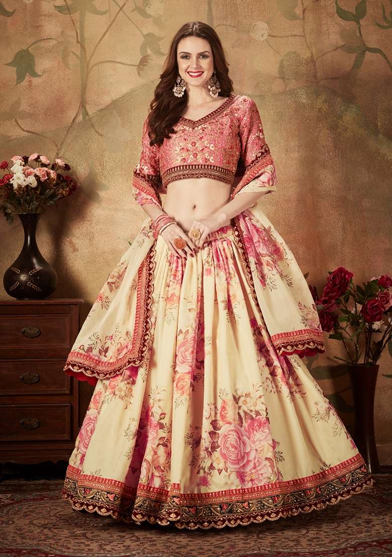 Beige Organza Lehenga Set with Embroidered for Diwali | Wedding & Festive Wear - Indya