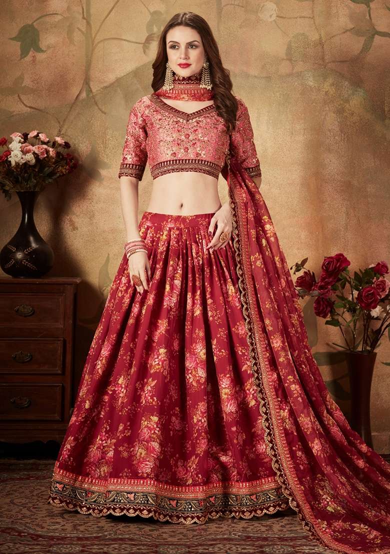 Maroon Embroidered Organza Lehenga Set for Diwali and Festive Wear - Indya