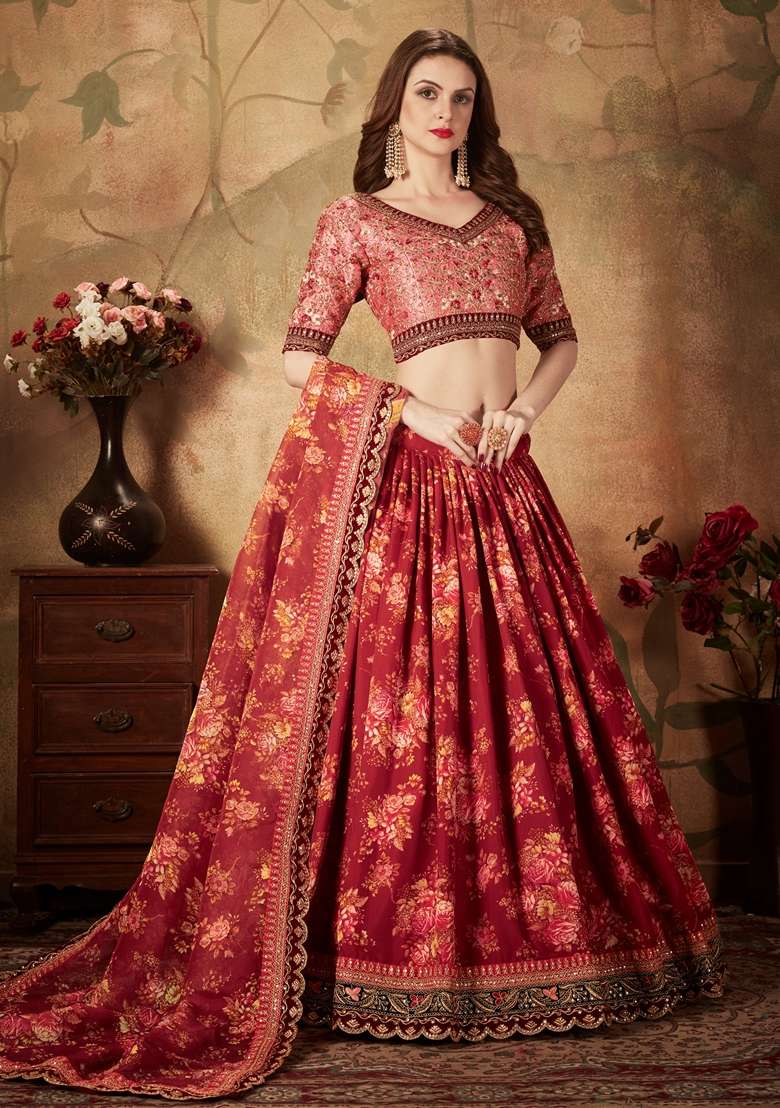 Maroon Embroidered Organza Lehenga Set for Diwali and Festive Wear - Indya