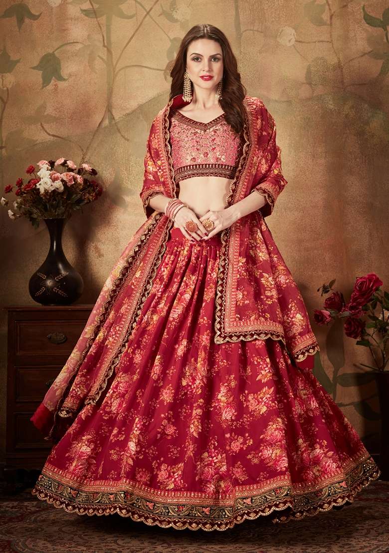 Maroon Embroidered Organza Lehenga Set for Diwali and Festive Wear - Indya