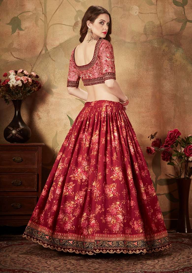 Maroon Embroidered Organza Lehenga Set for Diwali and Festive Wear - Indya