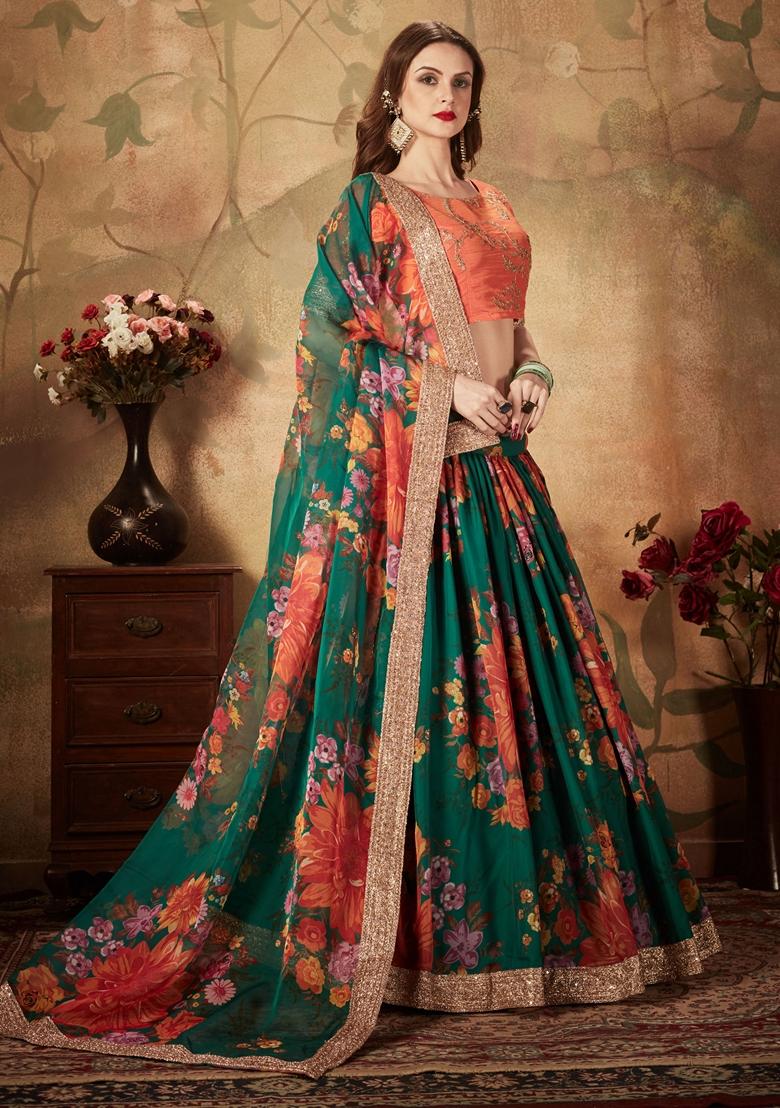 Green Embroidered Organza Lehenga Set