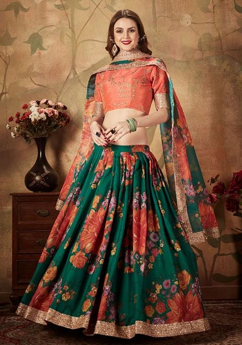 Green Embroidered Organza Lehenga Set