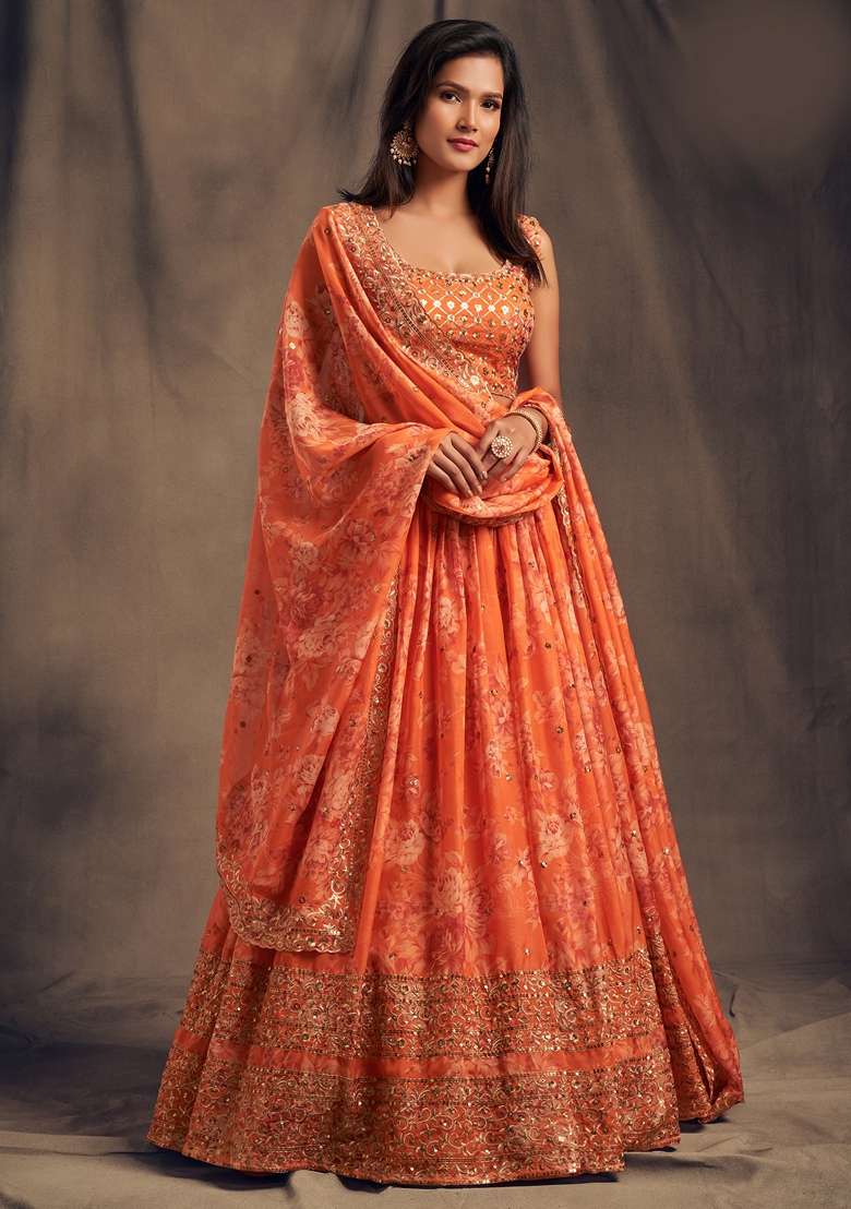 Orange Embroidered Organza Lehenga Set for Diwali and Festive Wear - Indya
