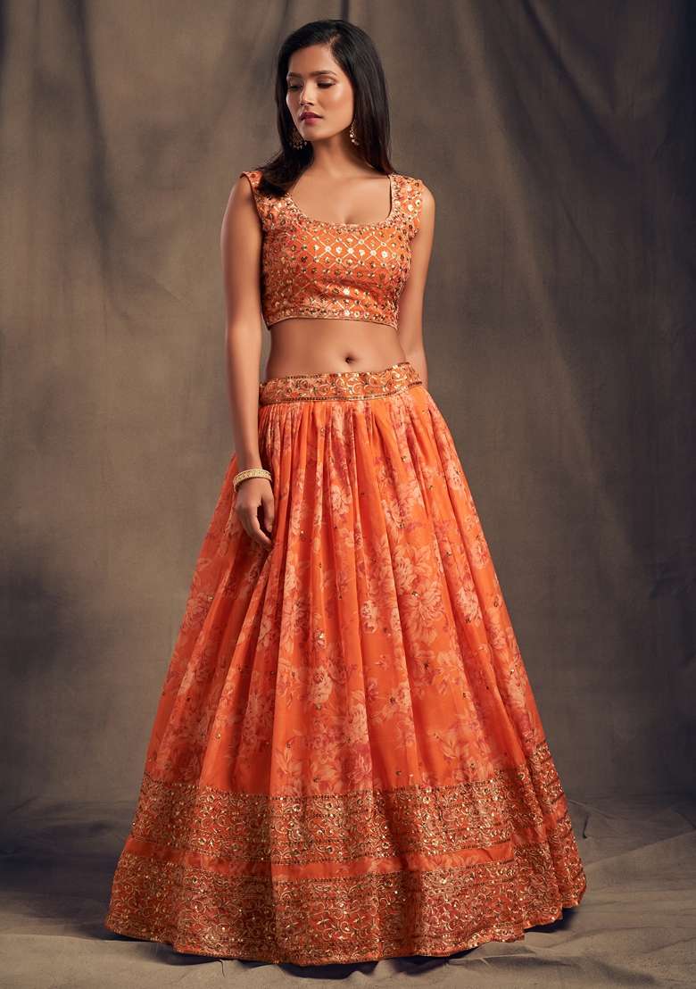 Orange Embroidered Organza Lehenga Set for Diwali and Festive Wear - Indya