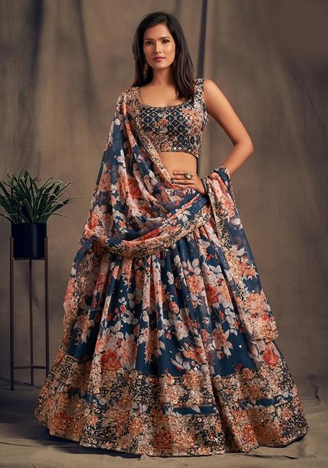 Blue Embroidered Organza Lehenga Set