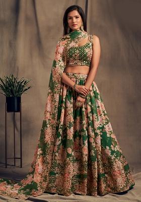 Green Embroidered Organza Lehenga Set