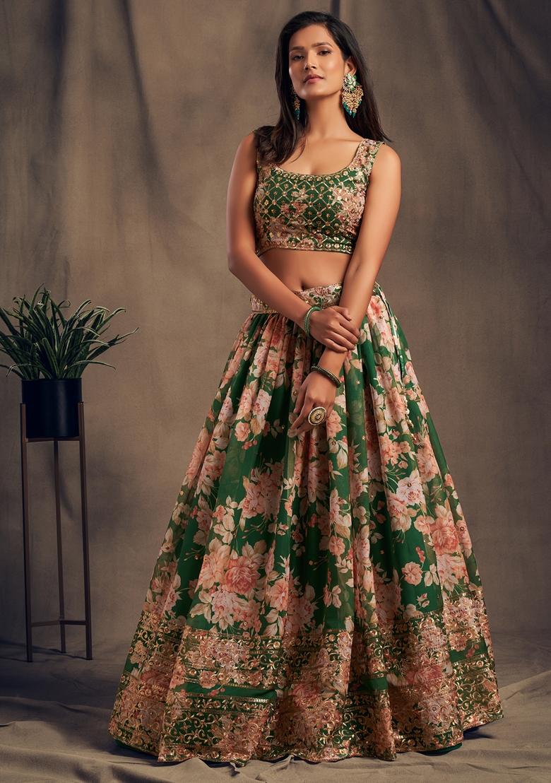 Green Embroidered Organza Lehenga Set