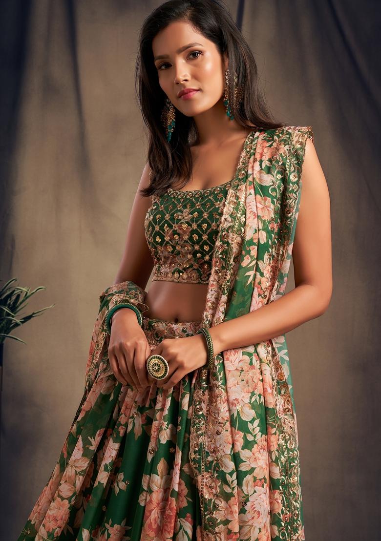 Green Embroidered Organza Lehenga Set