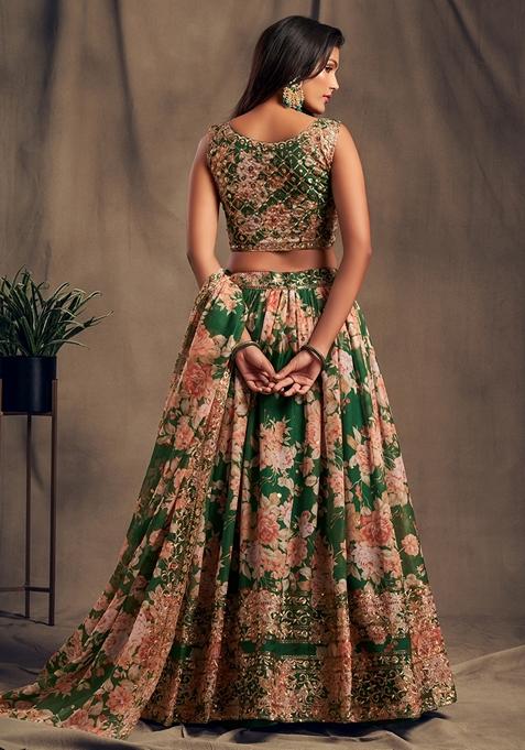 Green Embroidered Organza Lehenga Set