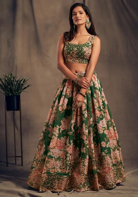 Green Embroidered Organza Lehenga Set