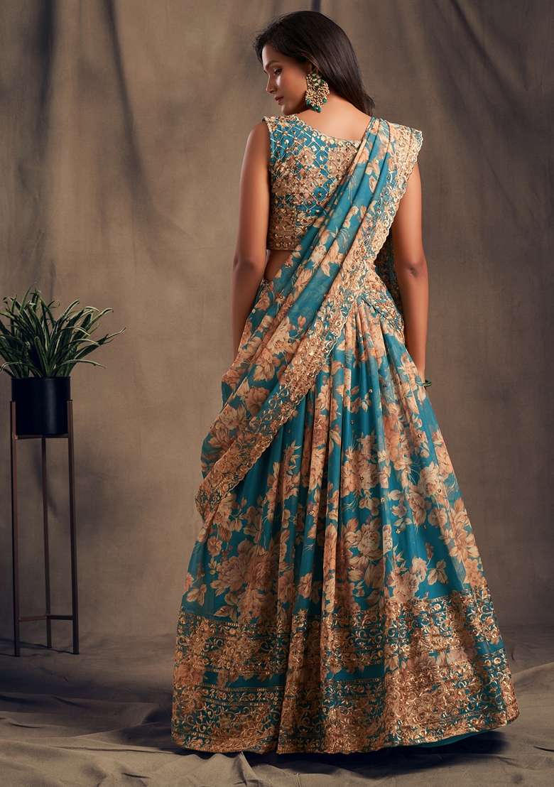 Teal Blue Embroidered Organza Lehenga Set for Diwali and Festive Wear - Indya