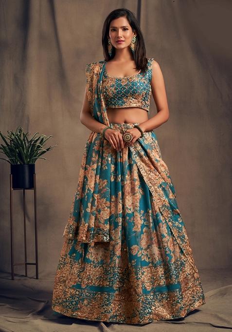 Teal Blue Embroidered Organza Lehenga Set