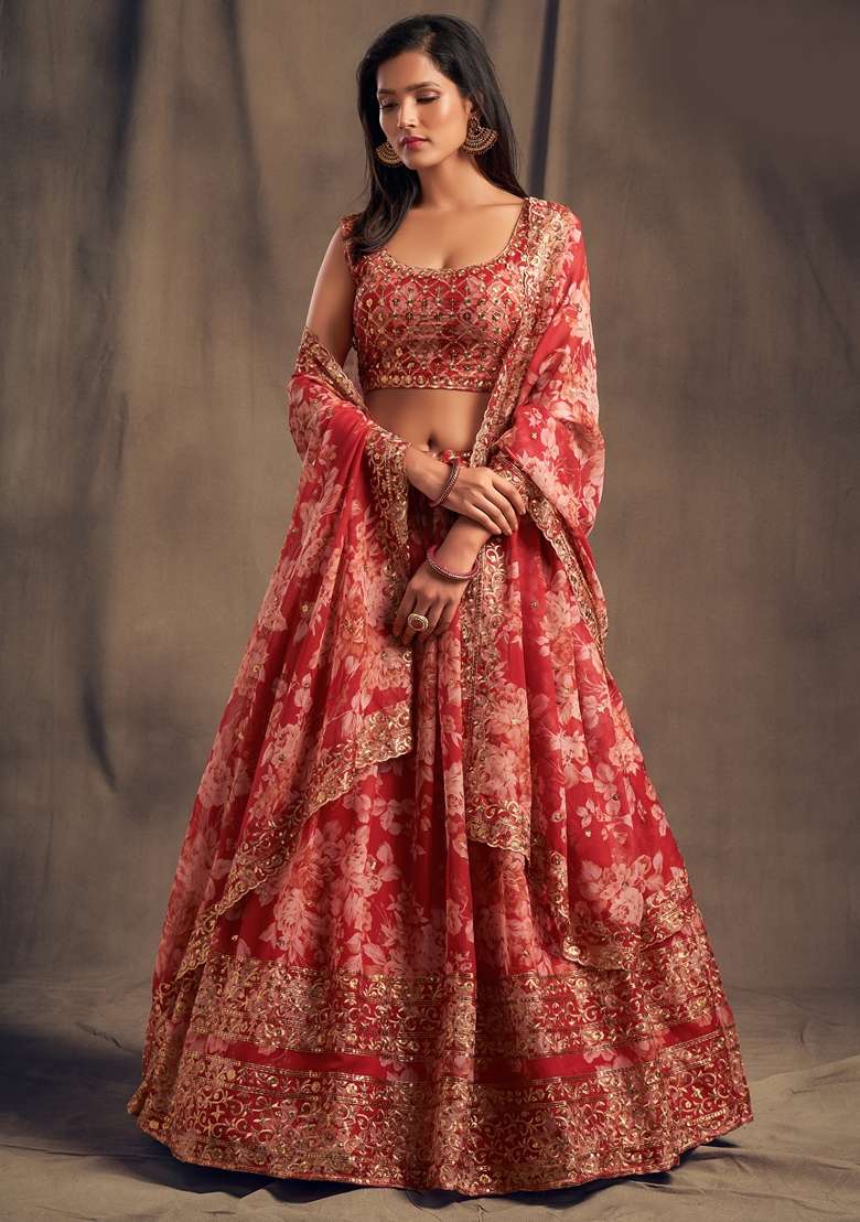 Red Embroidered Organza Lehenga Set for Diwali and Festive Wear - Indya