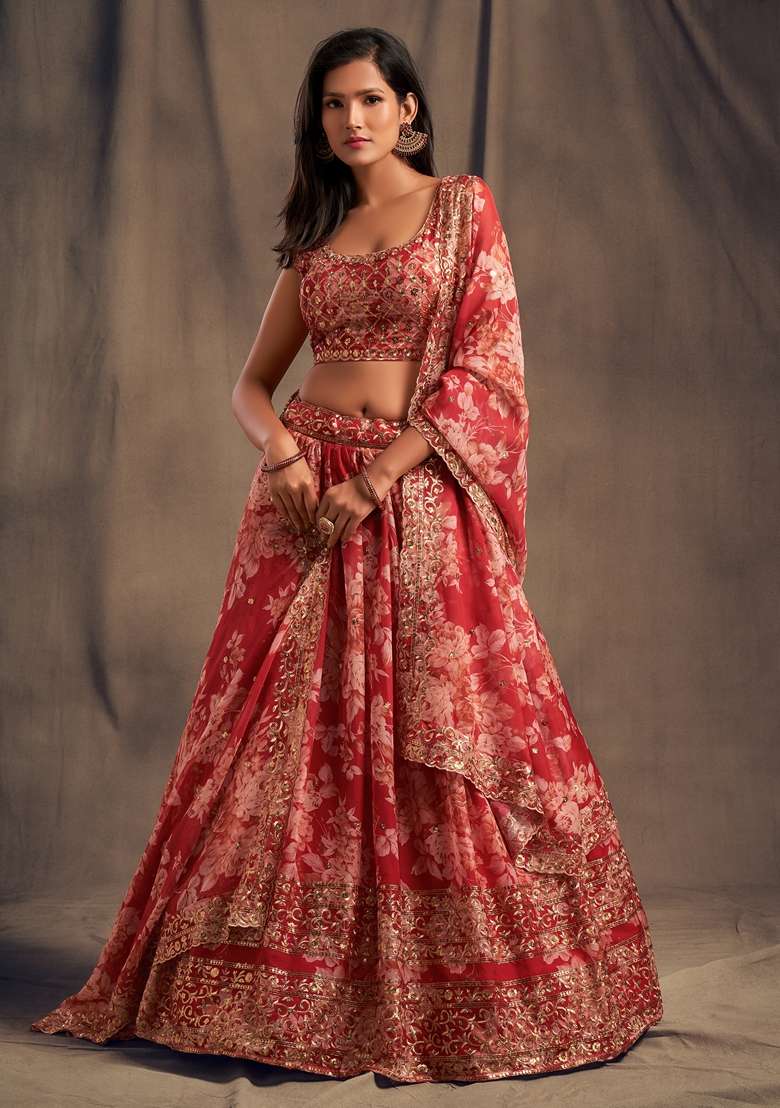 Red Embroidered Organza Lehenga Set for Diwali and Festive Wear - Indya