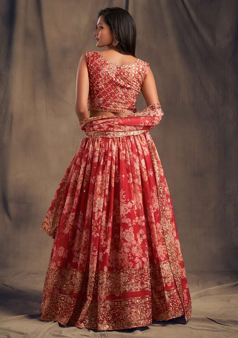 Red Embroidered Organza Lehenga Set for Diwali and Festive Wear - Indya