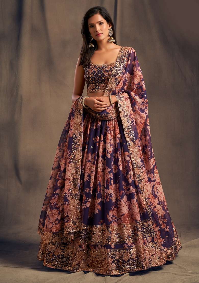 Purple Organza Lehenga Set with Embroidered for Diwali | Wedding & Festive Wear - Indya