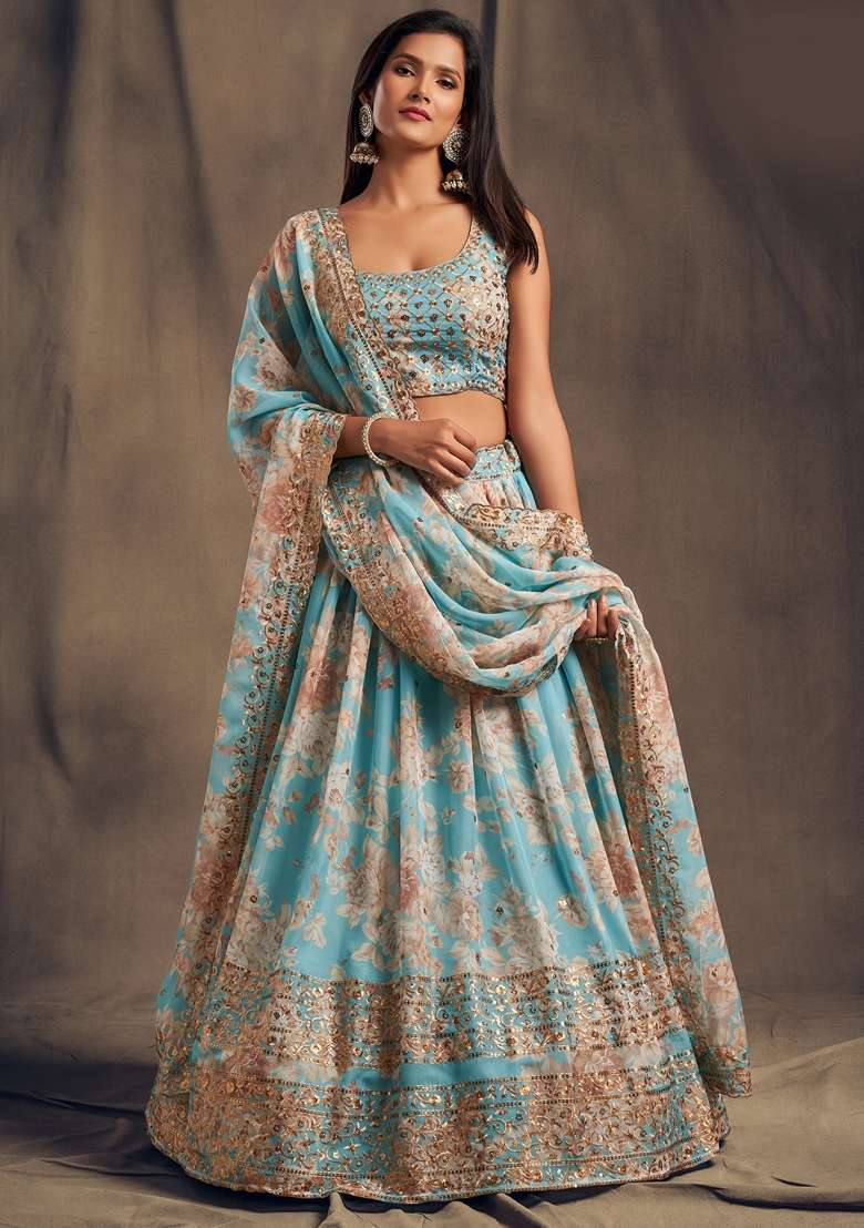 Sky Blue Organza Lehenga Set with Embroidered for Diwali | Wedding & Festive Wear - Indya