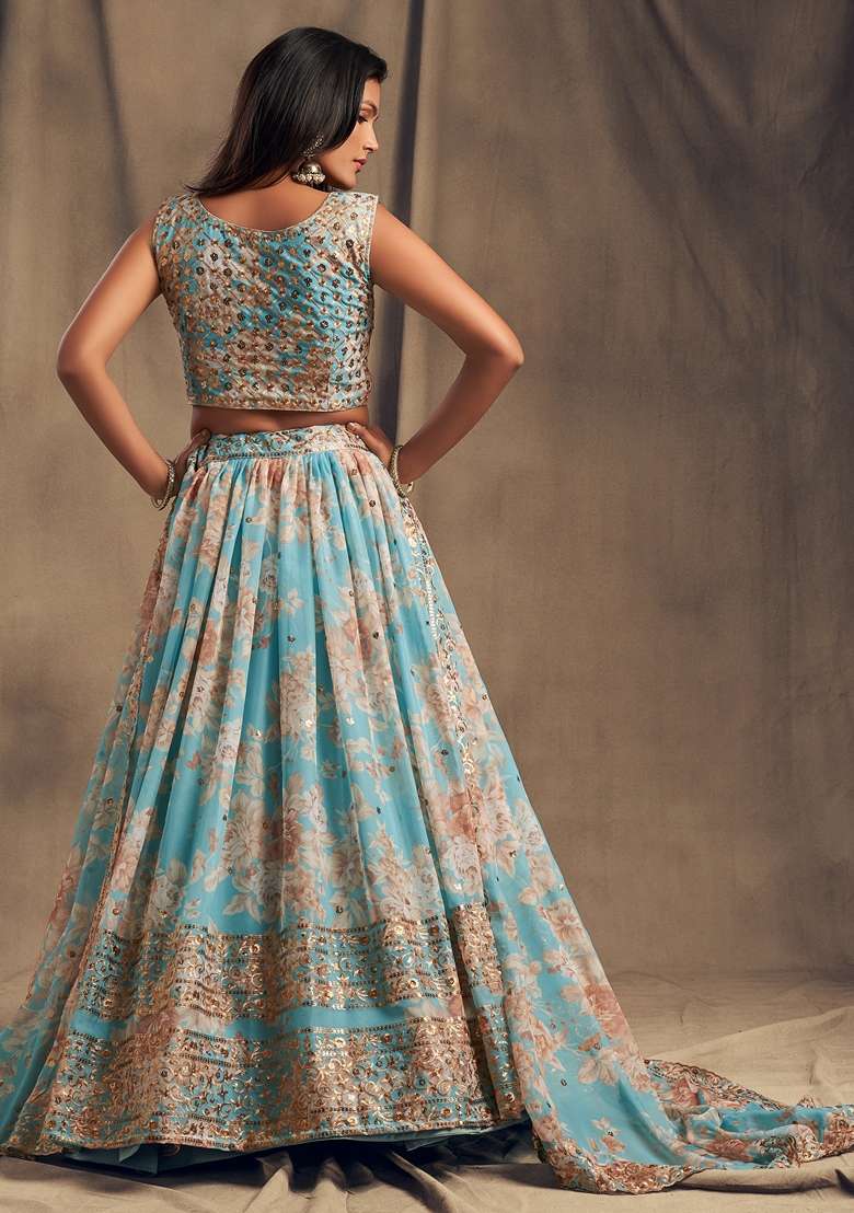 Sky Blue Organza Lehenga Set with Embroidered for Diwali | Wedding & Festive Wear - Indya