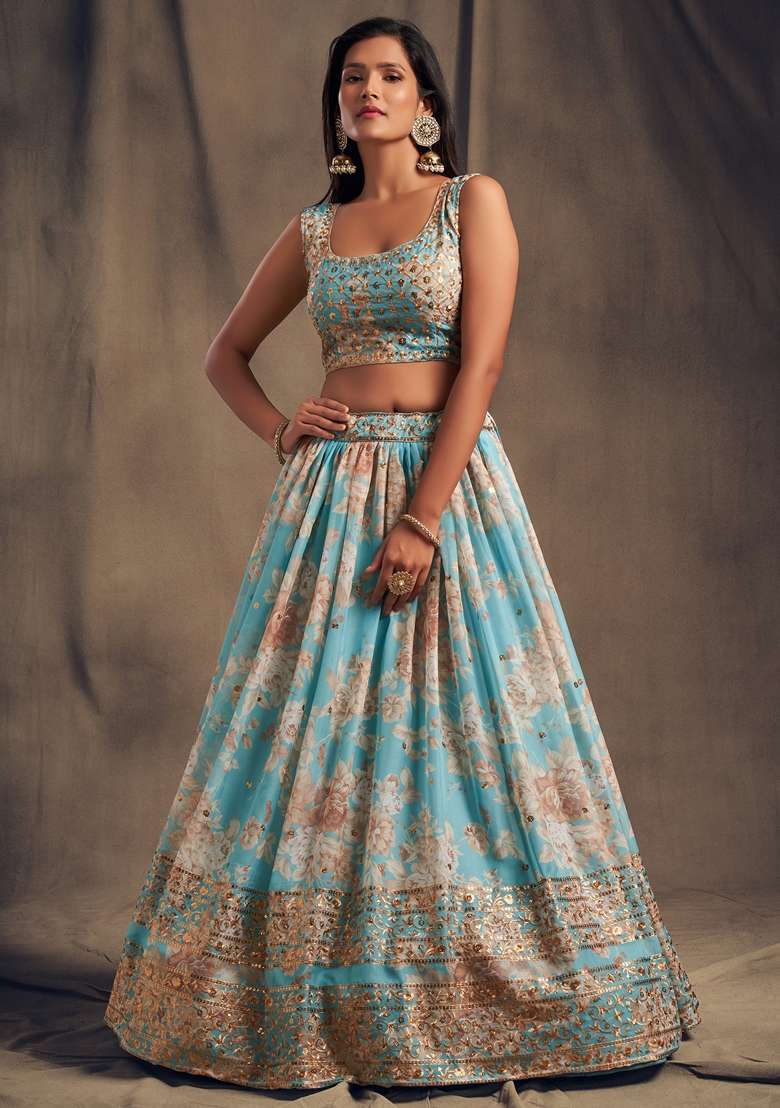 Sky Blue Organza Lehenga Set with Embroidered for Diwali | Wedding & Festive Wear - Indya