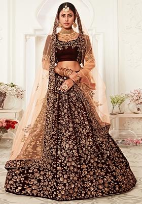 Maroon Embroidered Velvet Lehenga Set