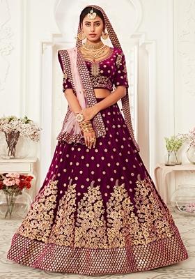 Purple Embroidered Velvet Lehenga Set