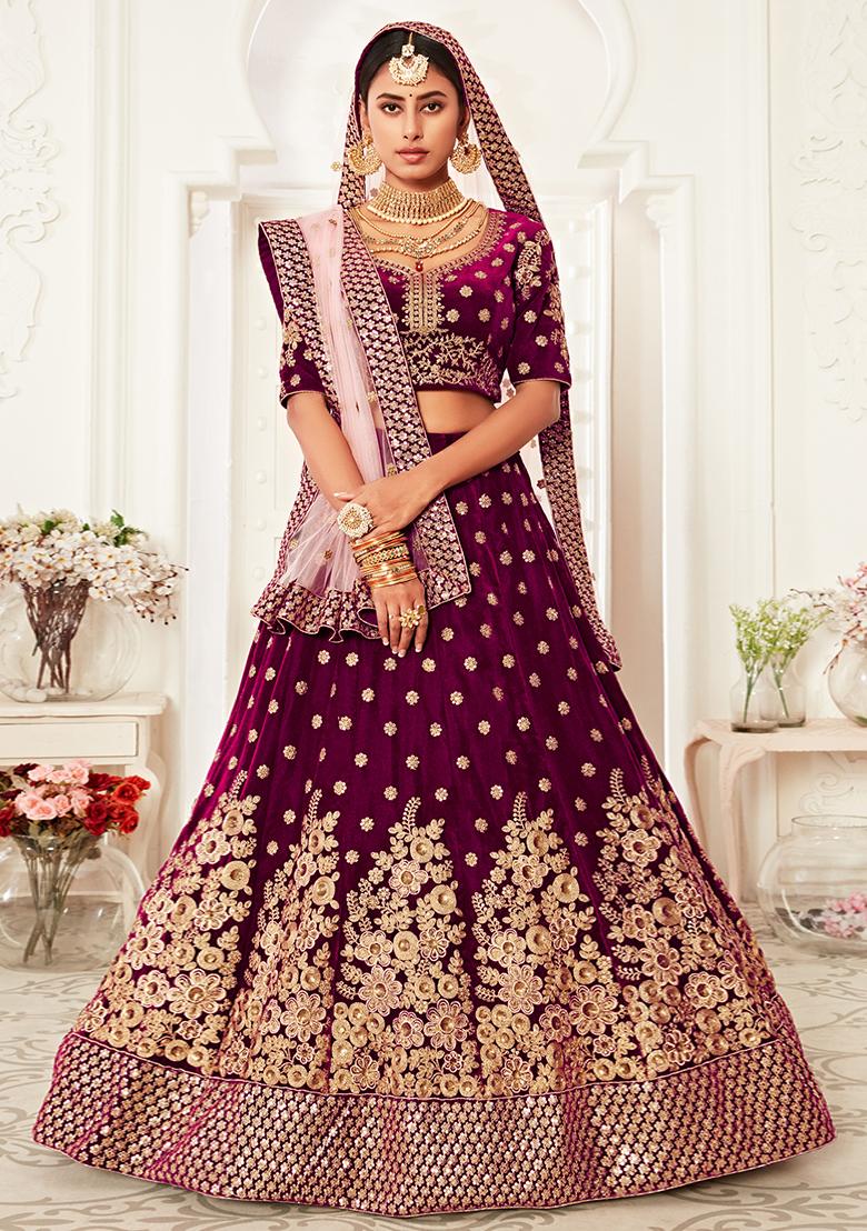Purple Embroidered Velvet Lehenga Set