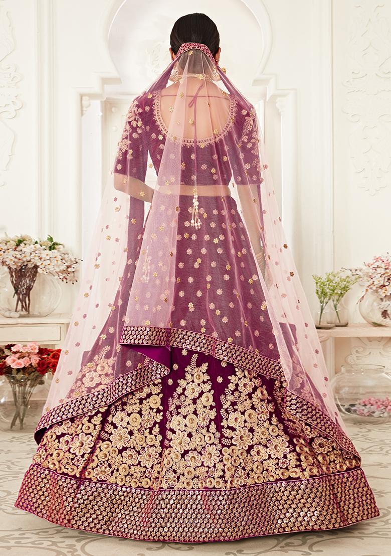 Purple Embroidered Velvet Lehenga Set