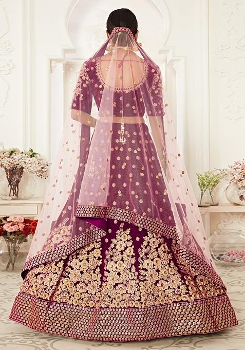 Purple Embroidered Velvet Lehenga Set