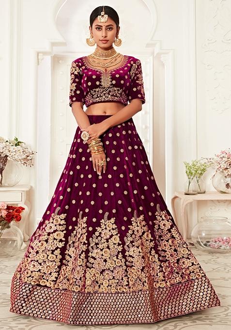 Purple Embroidered Velvet Lehenga Set