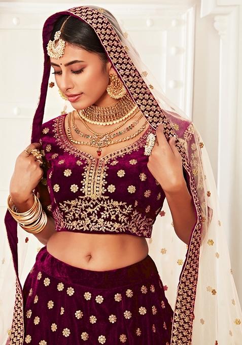 Purple Embroidered Velvet Lehenga Set