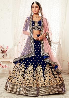 Navy Blue Embroidered Velvet Lehenga Set