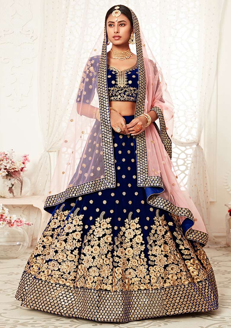 Navy Blue Embroidered Velvet Lehenga Set for Diwali and Festive Wear - Indya