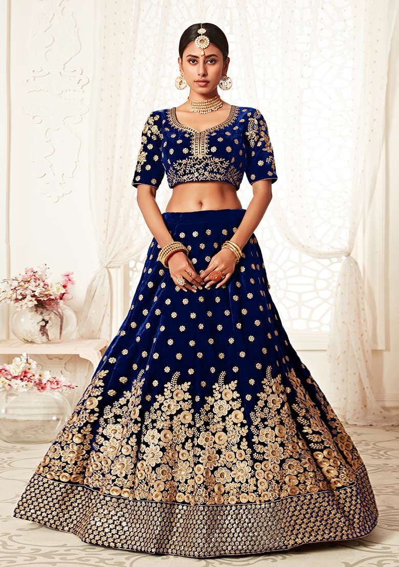 Navy Blue Embroidered Velvet Lehenga Set for Diwali and Festive Wear - Indya