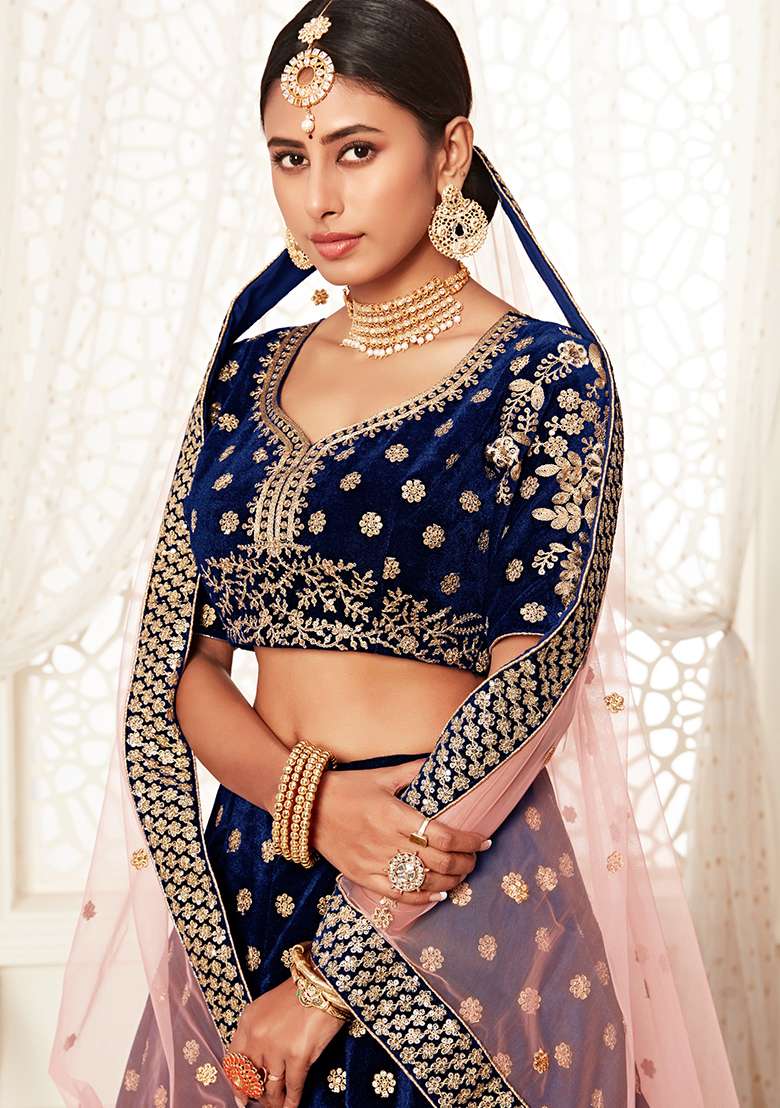 Navy Blue Embroidered Velvet Lehenga Set for Diwali and Festive Wear - Indya