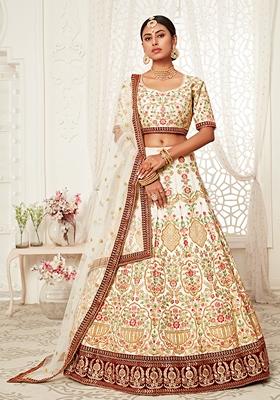 Off White Embroidered Art Silk Lehenga Set