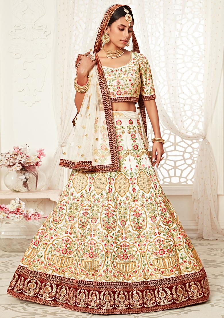 Off White Embroidered Art Silk Lehenga Set