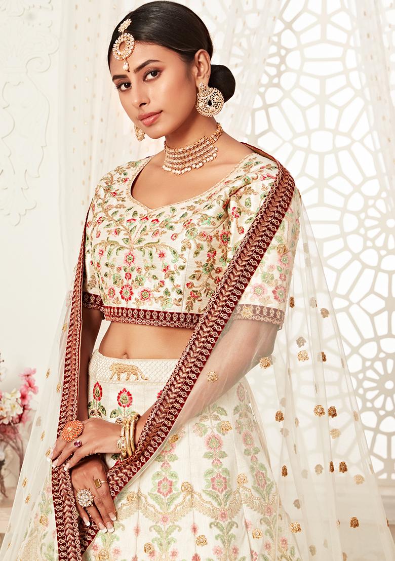 Off White Embroidered Art Silk Lehenga Set