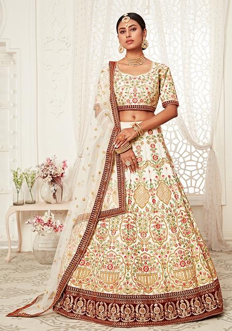 Off White Embroidered Art Silk Lehenga Set