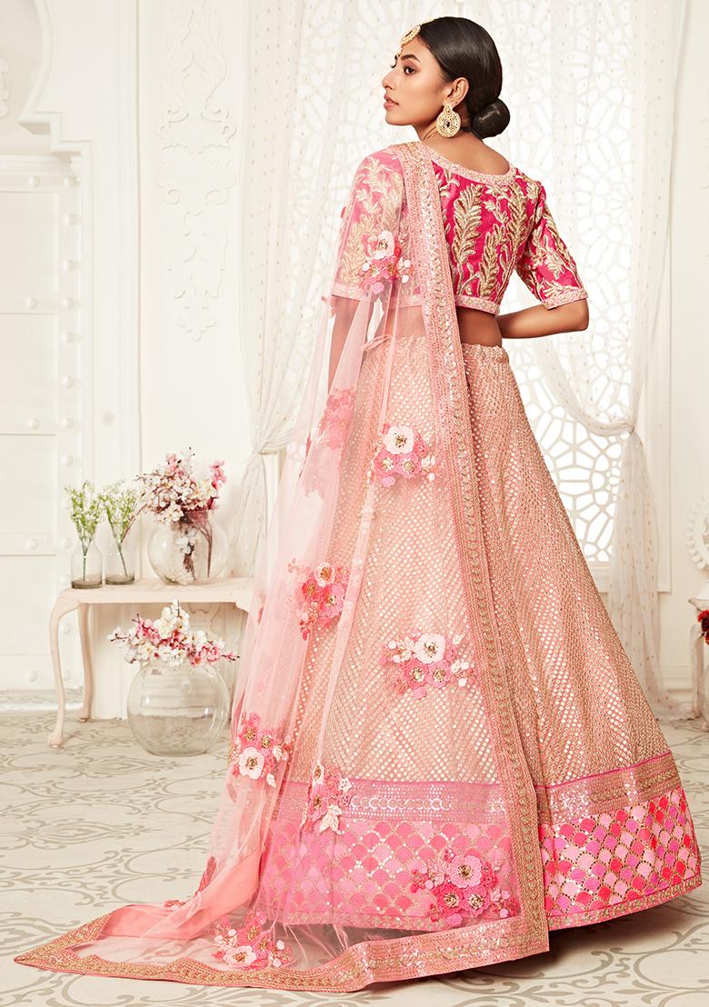 Pink Embroidered Slub Silk Lehenga Set