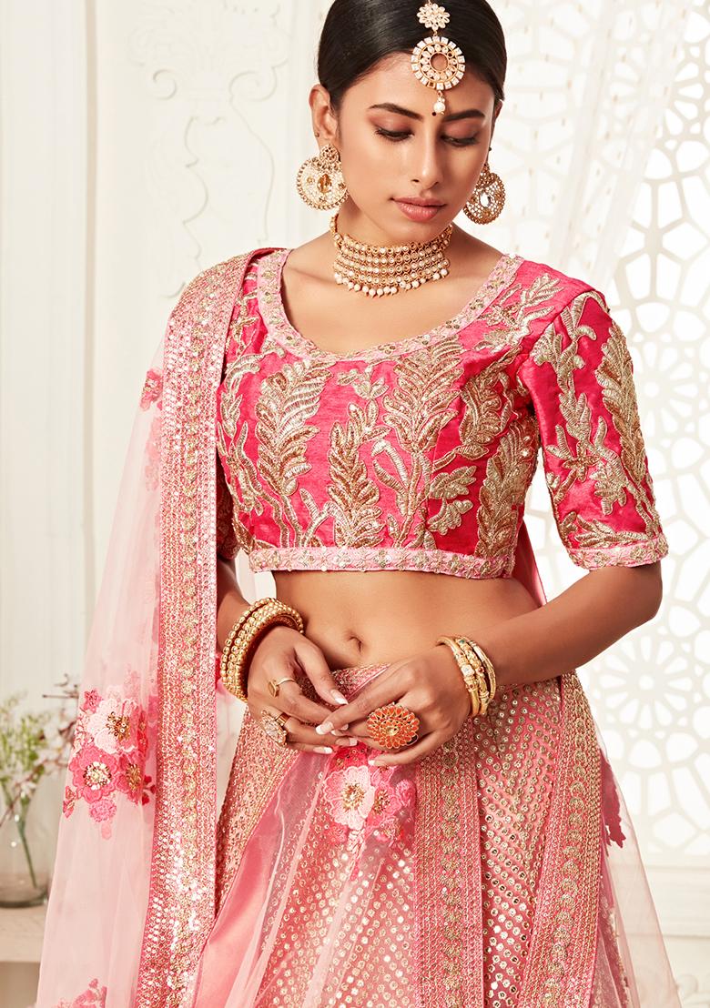 Pink Embroidered Slub Silk Lehenga Set
